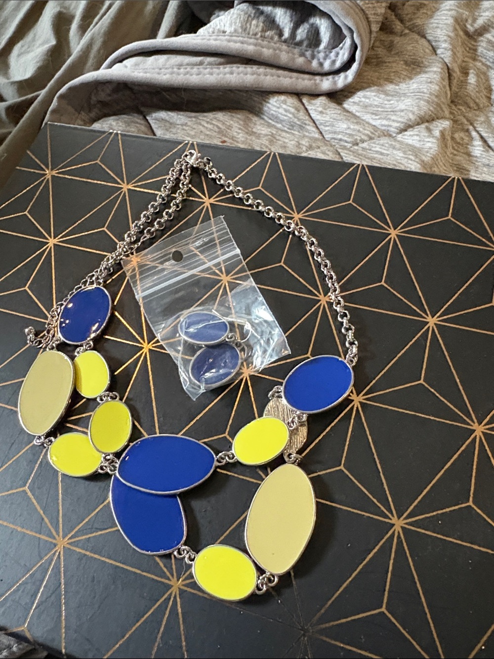 Statement Oval Pendant Necklace in Blue and Yellow